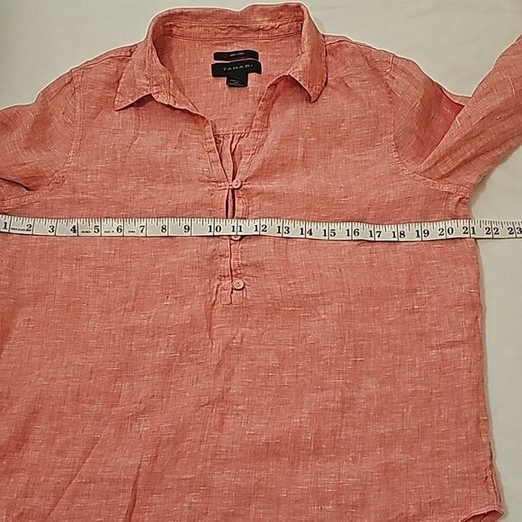 Tahari 100% Linen Collared 3/4 Sleeve Coral Split Shirt S - Picture 4 of 6
